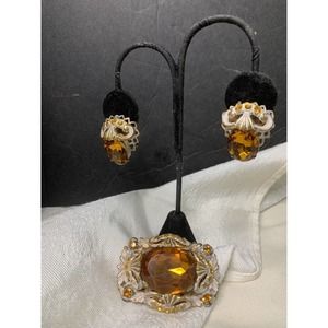 West Germany Brooch and Earring Set Vintage Large Topaz color Rhinestone Enamel